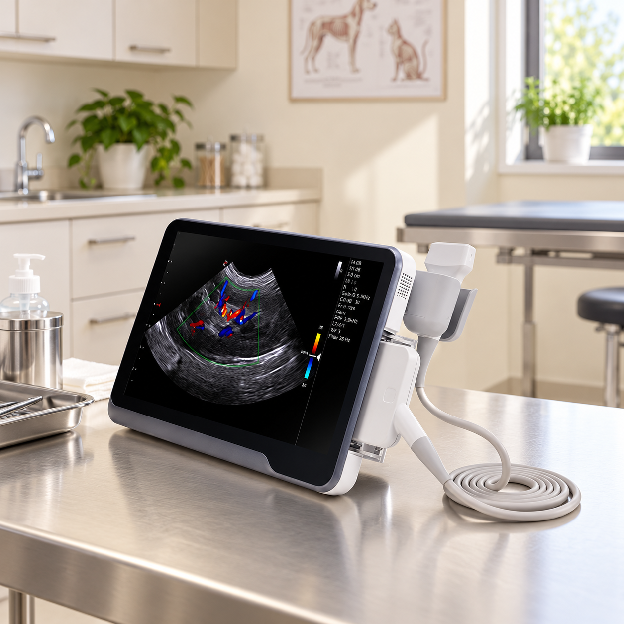 Ilustrație AI a ecografului Esaote MyLab X1 VET într-un cabinet veterinar