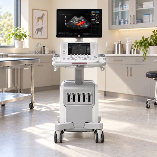 Ilustrație AI a ecografului Esaote MyLab X8 VET într-un cabinet veterinar